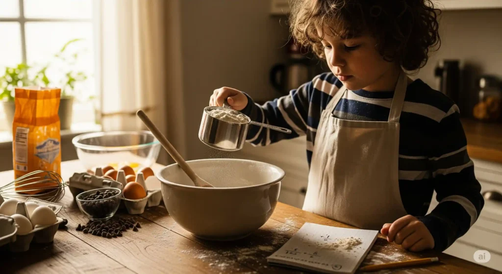 Child measuring ingredients for baking math activity