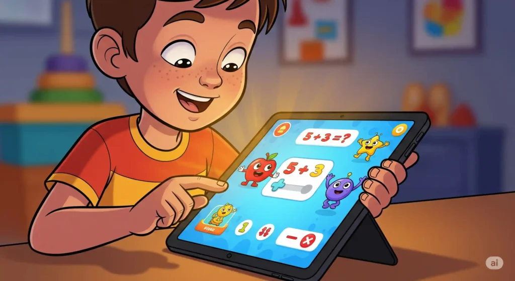 Child playing interactive online math game on a tablet