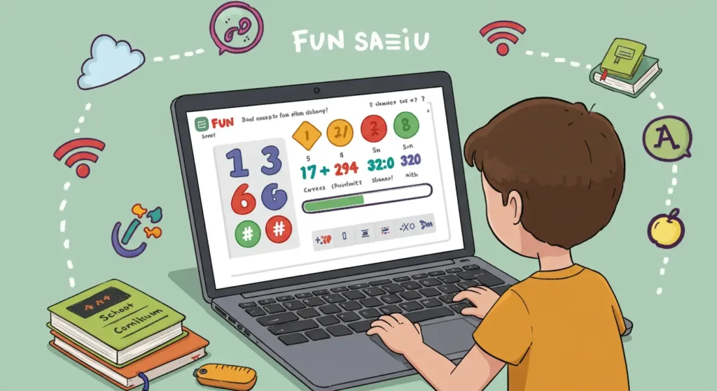 Child playing online math games in the UK with colorful educational visuals on laptop screen