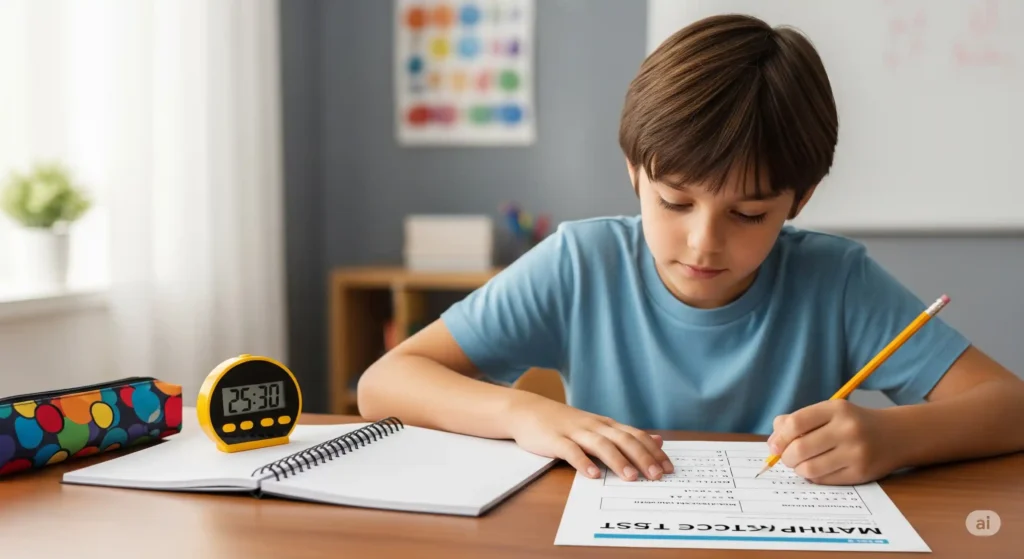 Child solving math practice test in a calm environment