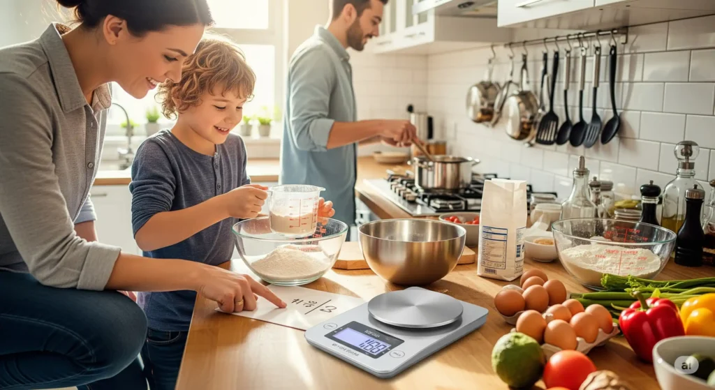 Family cooking together to practice math fractions