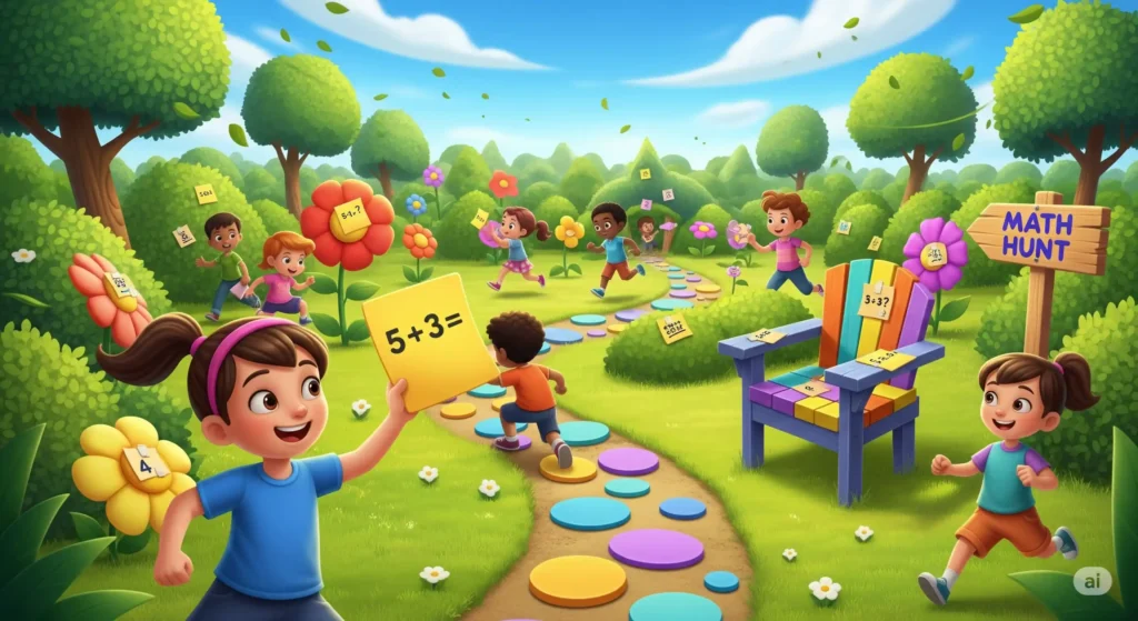 Kids solving math clues in a garden scavenger hunt