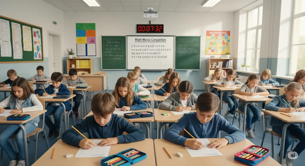 Kids solving math problems in a timed competition