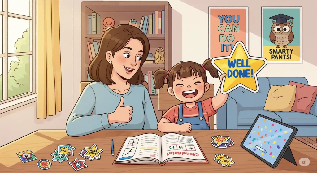 Parent and child celebrating progress with fun math workbooks