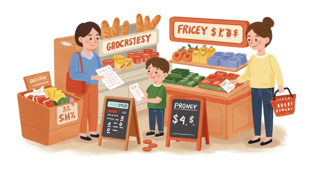 Parent and child using real-life math during grocery shopping in the UK