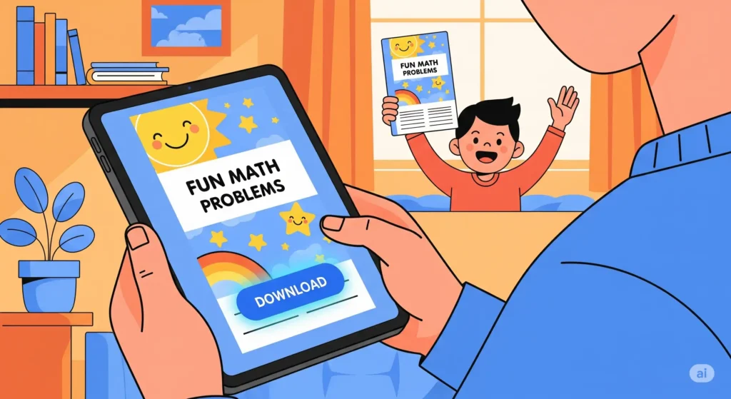 Parent downloading a fun math workbook PDF for kids