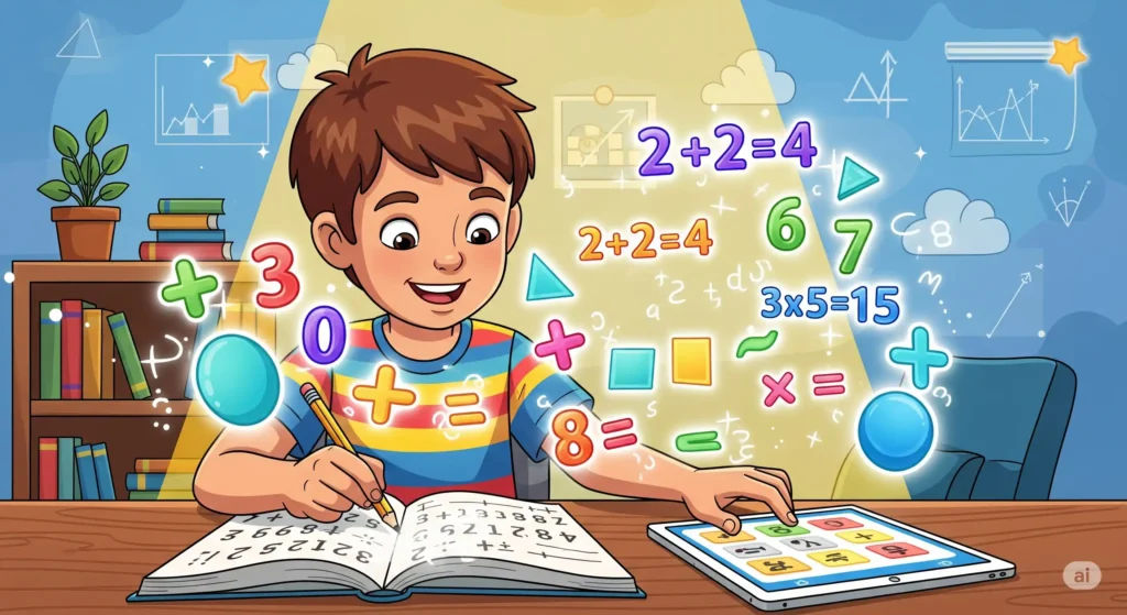 A cheerful child solving fun math problems with a workbook and tablet