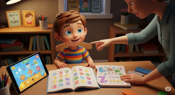 Child learning math with workbooks and online games confidently