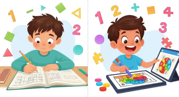 Child solving structured math problems and playing interactive math games