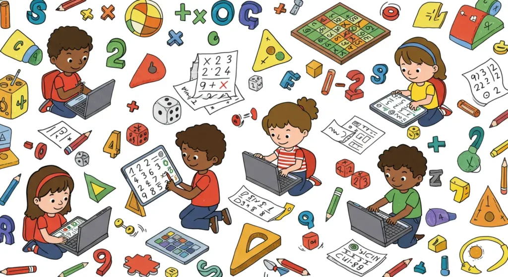 Kids enjoying math games in the UK using worksheets, tablets, and board games – making maths fun and educational