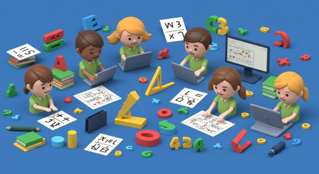 Kids learning math in the UK with fun math courses, using workbooks and online platforms – cartoon-style educational scene